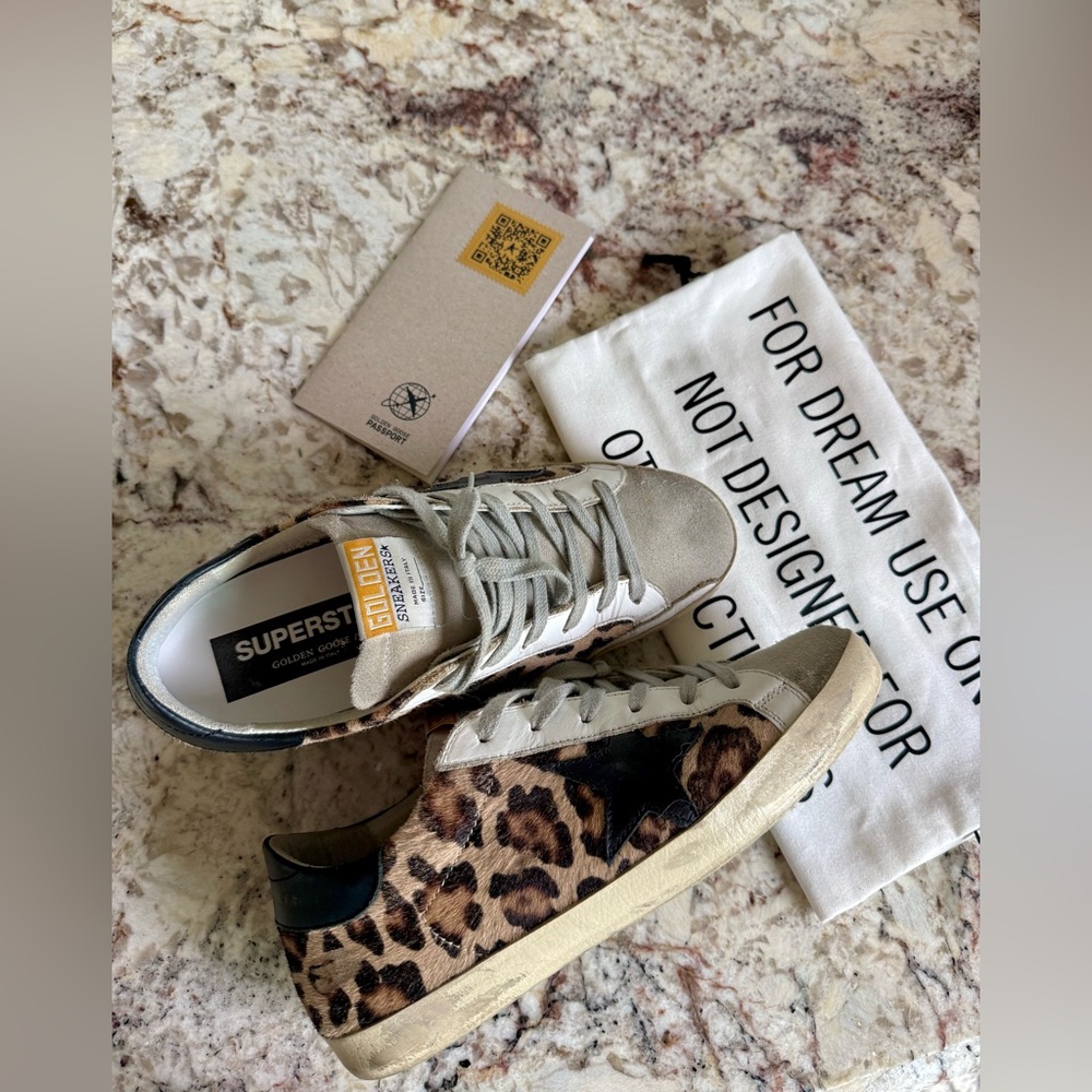 Golden Goose Superstar Animal Leopard Print and Grey Suede Sneakers - US 8